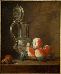 Pote de estanho com prato de pêssegos, ameixas secas e nozes (pintura sobre tela)