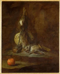Duas lebres mortas com saco de caça, frasco de pólvora e laranja (pintura sobre tela)