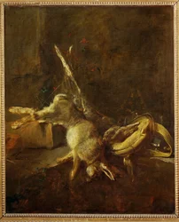 Duas lebres, um saco de caça e um frasco de pólvora (pintura sobre tela)
