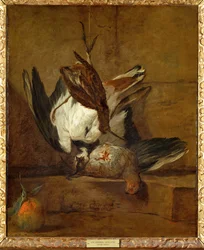 Vanneau huppe, perdrix grise, becasse et bigarde - huppoe, perdiz (pintura sobre tela)