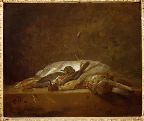 uma lebre, dois tordos mortos (pintura sobre tela)