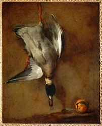 pato, pendurado numa parede, e laranja amarga (pintura sobre tela)