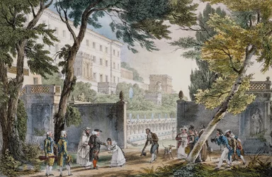 Cena galante à entrada da villa em Roma, ca. 1820, gravura de Jean-Baptiste Thomas (1791.1833)