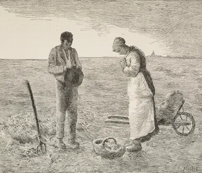 Ângelus, casal de camponeses nos campos, gravura de pintura de Jean-François Millet (1814-1875), pintor francês, de L