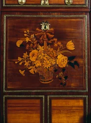 Cesto de flores, detalhe da incrustação em madeira de cetim estilo Luís XVI e escrivaninha de amaranto, assinada por Jean-Henri Riesener (1734-1806), França