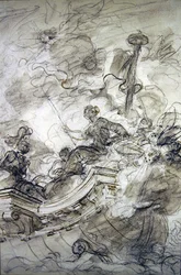 Astolfo navega com Andrónica e Sofrosina (caneta e tinta, giz e lavagem em papel)