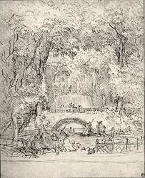 Cascata em um jardim (giz sobre papel)
