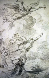 Ruggiero salta à terra (caneta e tinta, giz e lavagem em papel)