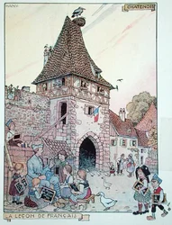Um soldado francês ensinando francês a crianças alsacianas que se tornaram cidadãs francesas novamente, ilustração de 