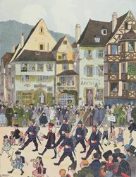 Herr Forstner deixando Saverne com os seus soldados depois de comprar algum chocolate em 1913, ilustração da 