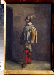 Huguenot (A Huguenot). Protestante calvinista francês durante as Guerras da Religião. Pintura de Ernest Jean Louis Meissonier (1815-1891). Óleo sobre tela. Arte francesa. Museu Estatal de Arte, Tula (Museu Nacional de Tula, Rússia)