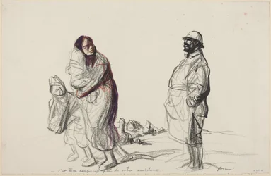 a) É demasiado perigoso perto da sua ambulância (recto); b) Estudo de mãe e crianças (verso)