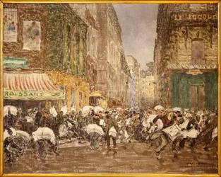 O lançamento dos jornais da noite, na rue du Croissant em 1914, Pintura de Jean Louis (Jean-Louis) Lefort (1875-1954), mostrando as actividades da imprensa tradicionalmente estabelecida em grande parte do 2º arrondissement da cidade de Paris, No café du Cr