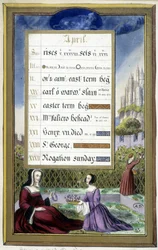 Abril: Senhoras num jardim (Taurus) - fac-símile das Horas de Ana de Bretanha, de Jean Bourdichon