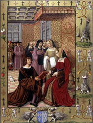 Jean Marot oferece o seu livro «A Viagem a Génova» à rainha Ana da Bretanha. Segundo uma iluminura de Jean Bourdichon, cerca de 1508