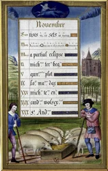 Novembro e sinal de sagitário: criação de porcos - fac-símile das Horas de Anne de Bretagne, de Jean Bourdichon