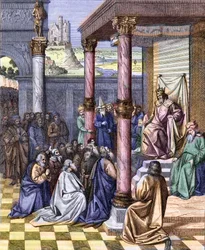 Ciro II o Grande (580 AC - 530 AC), rei da Pérsia, libertou os judeus exilados para a Babilônia em 539 AC. Gravura depois de uma miniatura de Jean (Jehan) Fouquet (ca. 1420 -1477/1481). Gravura de Chevignard