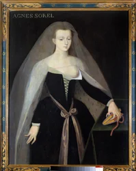 Retrato de Agnès Sorel (1422-1450), dama de Beauté-sur-Marne, favorita do rei Carlos VII (1422-1461). O seu seio está descoberto. Pintura segundo Jean Fouquet, século XVI, castelo real de Loches