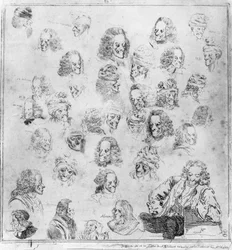 Músicas diferentes em 30 cabeças de Voltaire. Retratos de François Marie Arouet, dit Voltaire (1694-1778) "fisionomias diferentes de Voltaire". Água forte atribuída a Dominique Vivant-Denon (Vivant Denon) (1747-1825) depois de Jean Huber (1721-1786). Musee