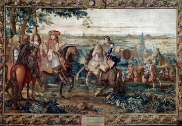 Continuação da Histoire du Roi: “” Captura de Lille por Luís XIV, agosto de 1667 após o papelão de Santo André. Pintura realizada pela oficina de Jean Mozin (século XVII) na fábrica dos Gobelins. Escurecer. 3,7x5,5m. Versalhes, museu do castelo