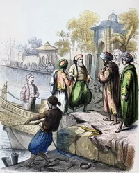 Mehmet Ali (1769-1849) chega a Constantinopla - 1828: Mehmet Ali chega a Constantinopla (Istambul, Turquia) Aguarela de 1846, do pintor francês Jean-Adolphe Beauce (1818 - 1875). Muhammad Ali Paxá ou Mehmet Ali; 1769 - 1849. Vírgula em albanês otomano