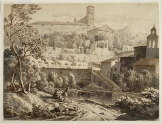 Um artista desenhando ao longo de uma margem do rio, abaixo de uma cidade italiana, c.1780 (tinta e papel lavado, vestígios de giz preto)