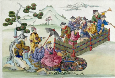 Um concerto no jardim. O desenho vem de um vaso chinês. Pintura de Jean Antoine Fraisse (século XVIII)