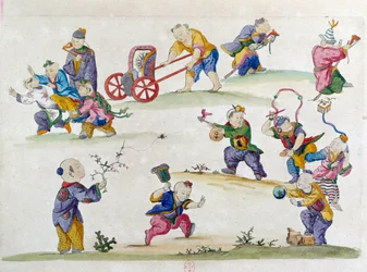 Sorteio a partir de um vaso chinês: brincadeira de crianças. Pintura de Jean Antoine Fraisse (século XVIII)