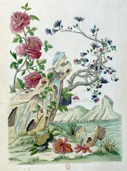 Desenho a partir de um vaso chinês: flores em uma paisagem. Pintura de Jean Antoine Fraisse (século XVIII)
