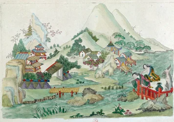 Desenho a partir de uma jarra chinesa: paisagem com rio e caracteres. Pintura de Jean Antoine Fraisse (século XVIII)