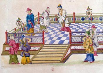 Desenho a partir de uma jarra chinesa: cena no palácio. Pintura de Jean Antoine Fraisse (século XVIII)