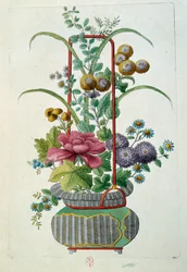Um vaso com flores. Gravura de Jean Antoine Fraisse (século XVIII)