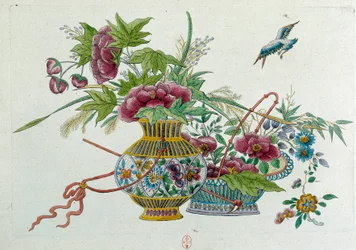 Flores num vaso. O desenho vem de uma jarra chinesa. Pintura de Jean Antoine Fraisse (século XVIII)