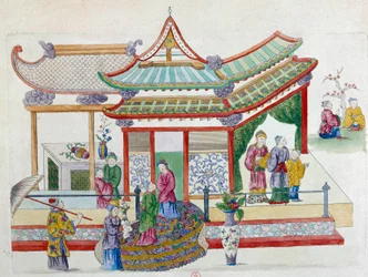 Cena em um jardim. O desenho vem de um vaso chinês. Pintura de Jean Antoine Fraisse (século XVIII)