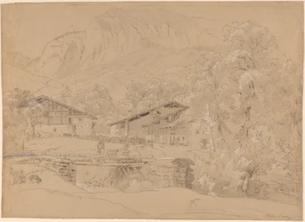 An Alpine Village in Summertime (giz preto e grafite realçados com giz branco sobre papel castanho)