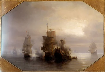 Combate naval do cavaleiro Marc-Antoine de Saint-Pol Hecourt (1665-31 de Outubro de 1705), 31/10/1705 Ele deu o seu nome à cidade vizinha de Saint-Pol-sur-Mer (Saint Paul sur mer). Pintura de Theodore Gudin (1802-1880), século XIX. Paris, Musee de la Marin
