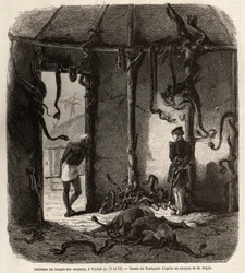 Dentro do templo das cobras fetiches, em Wydah, em Dahomey (actual Benin), desenho de Jean Antoine Foulquier (1822-1896), para ilustrar a viagem do Dr. Repin a Dahomey em 1860. Gravura em "Le tour du monde", editado por Edouard Charton