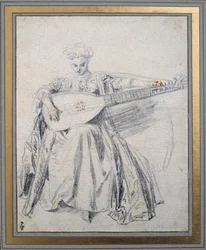 Um jogador de alaúde Desenhar uma mina de chumbo e sangue de Jean Antoine Watteau (1684-1721) Chantilly musee Conde do século XVIII
