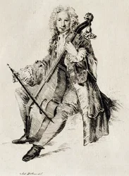 Violoncelista, de Jean Antoine Watteau (1684-1721), gravura, França
