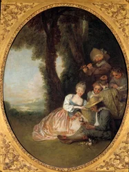 Concerto de Champetre ou "A declaração esperada". O jovem casal apaixonado cora. Pintura em estilo rococó de Jean Antoine Watteau (1684-1721)