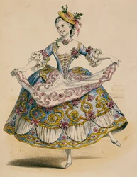 Courtier vestido com traje rural na fete galante, após desenho de Jean Antoine Watteau