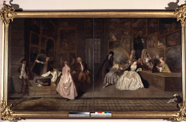 O sinal do Gersaint. Edme Francois Gersaint (1694-1750) era um comerciante de arte. Pintura de Jean Antoine Watteau (1684-1721). 1720. Alemanha, Berlim, Castelo de Charlottenburg