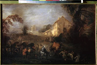 O Fardo da Guerra. Pintura de Jean Antoine Watteau (1684-1721). Óleo sobre cobre, 21,5 x 33,5 cm, cerca de 1713. Arte francesa, arte rococó. Museu Hermitage, São Petersburgo.
