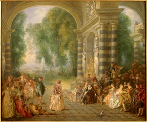 Les plaisirs du bal Painting de Jean Antoine Watteau (1684-1721) 18 Century Sun. 0,52x0,65 m Londres, galeria Dulwich - Pleasures of the Ball - Pintura de Jean Antoine Watteau (1684-1721), óleo sobre tela (52 x 65 cm)