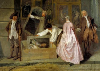 Preparação da embalagem. Detalhe à esquerda do sinal da Gersaint. Homens desembalam quadros e os colocam em um baú para enviá-los aos clientes que acabaram de comprar as obras. Edme Francois Gersaint, revendedor de pintura cuja galeria está localizada em P