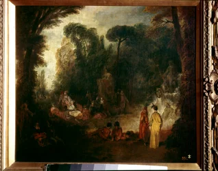 Festa num piquenique no parque, conversa e passeio na floresta. Pintura de Jean Antoine Watteau (1684-1721), cerca de 1712-1713. Óleo sobre tela. Dim: 48x55cm. Madrid, Museu do Prado