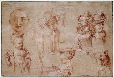 Máscara de Pierrot, cinco garotas no busto, um homem drapeado e o rosto de uma mulher. Desenho de sangue e sebes de giz por Jean Antoine Watteau (1684-1721) Sol do século XVIII. 0,27x0,4 m Paris, Musee du Louvre