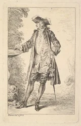 Homem em pé com a mão direita apoiada em uma bacia, mostrada em três quartos com ..., ca. 1710