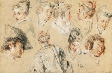 Estudo de cabeças, por Jean-Antoine Watteau (1684-1721), desenho