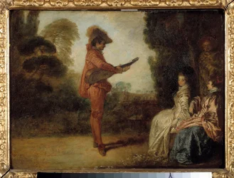 O Encantamento Um jovem músico seduzindo duas jovens mulheres com a sua música. Pintura de Jean Antoine Watteau (1684-1721)